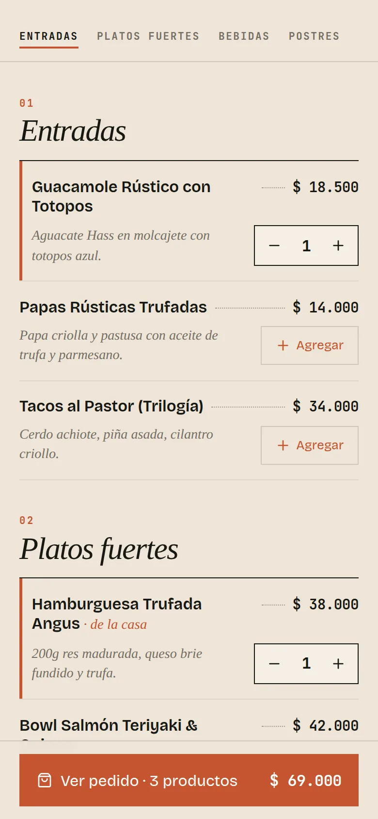 Carta móvil real de Domi: platos, precios, selección de productos y botón Ver pedido